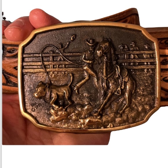 Belt Tooled leather with signed brass rodeo buckle